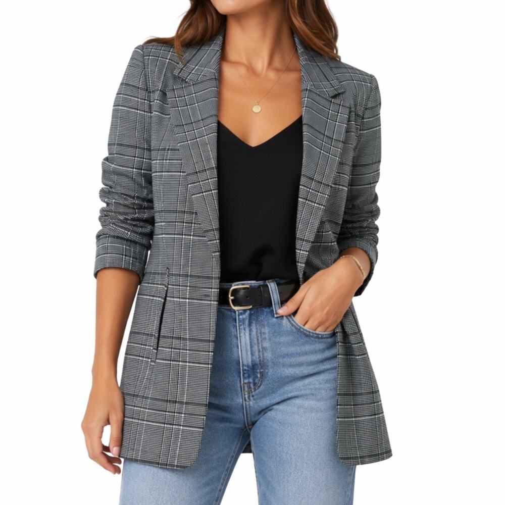 Rachel Zoe Women’s XS Plaid Blazer Black White Ruched Sleeve Longline Jacket
